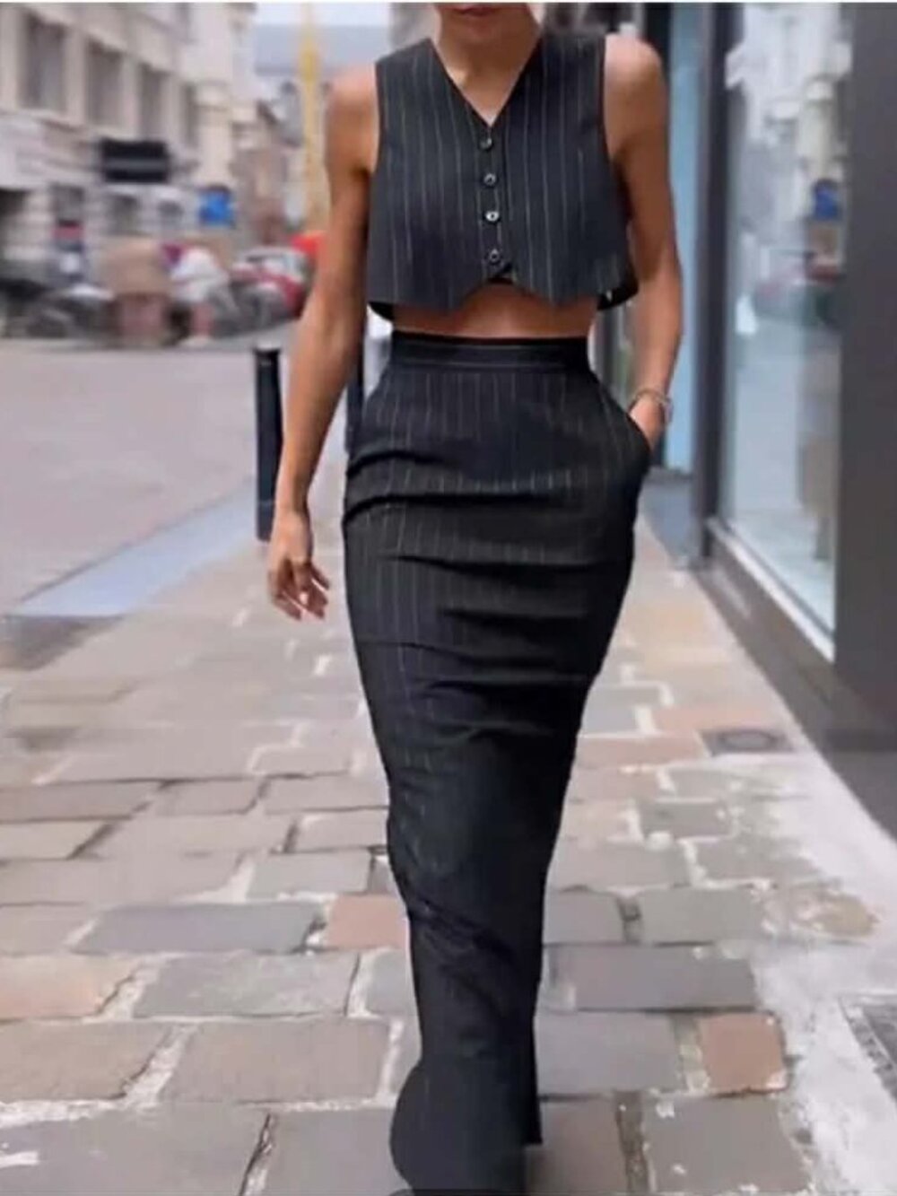 Pinstripe Button Crop Two Pieces Skirt Set